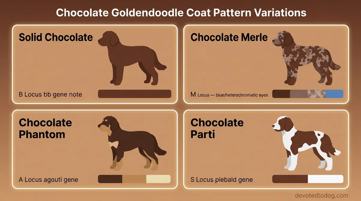 Visual guide showing four chocolate Goldendoodle coat patterns — solid, merle with blue eyes, phantom with tan points, and parti with white patches