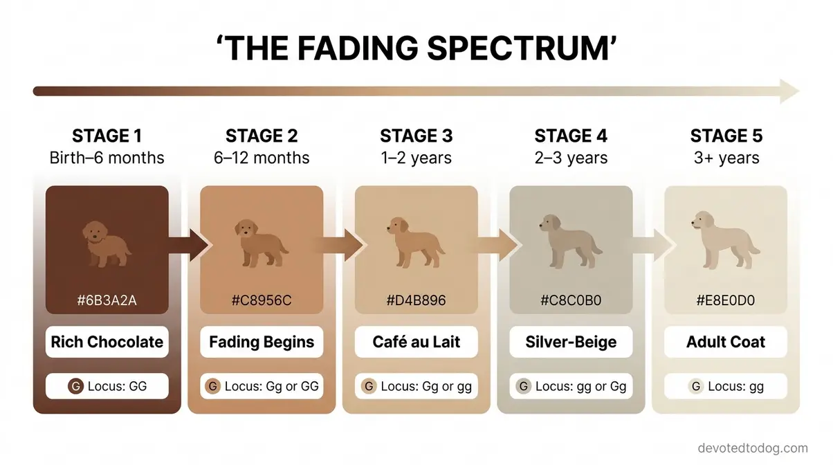 Chocolate Goldendoodle coat fading timeline from rich brown puppy to silver-beige adult showing G Locus gene progression across five stages