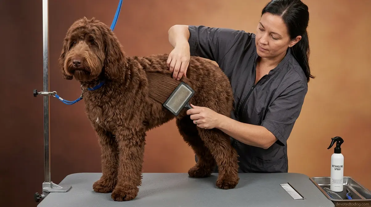 Person line brushing a chocolate Goldendoodle with a slicker brush using professional sectioning grooming technique