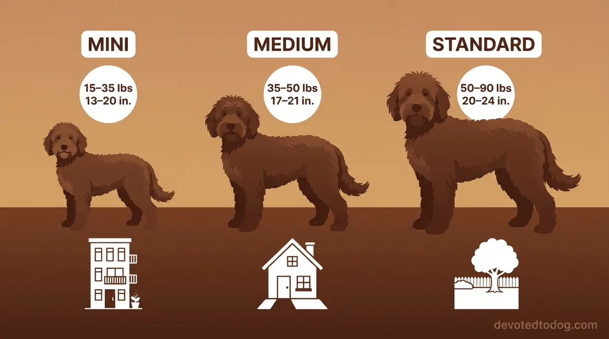 Chocolate Goldendoodle size comparison chart showing mini at 15–35 lbs, medium at 35–50 lbs, and standard at 50–90 lbs with lifestyle icons
