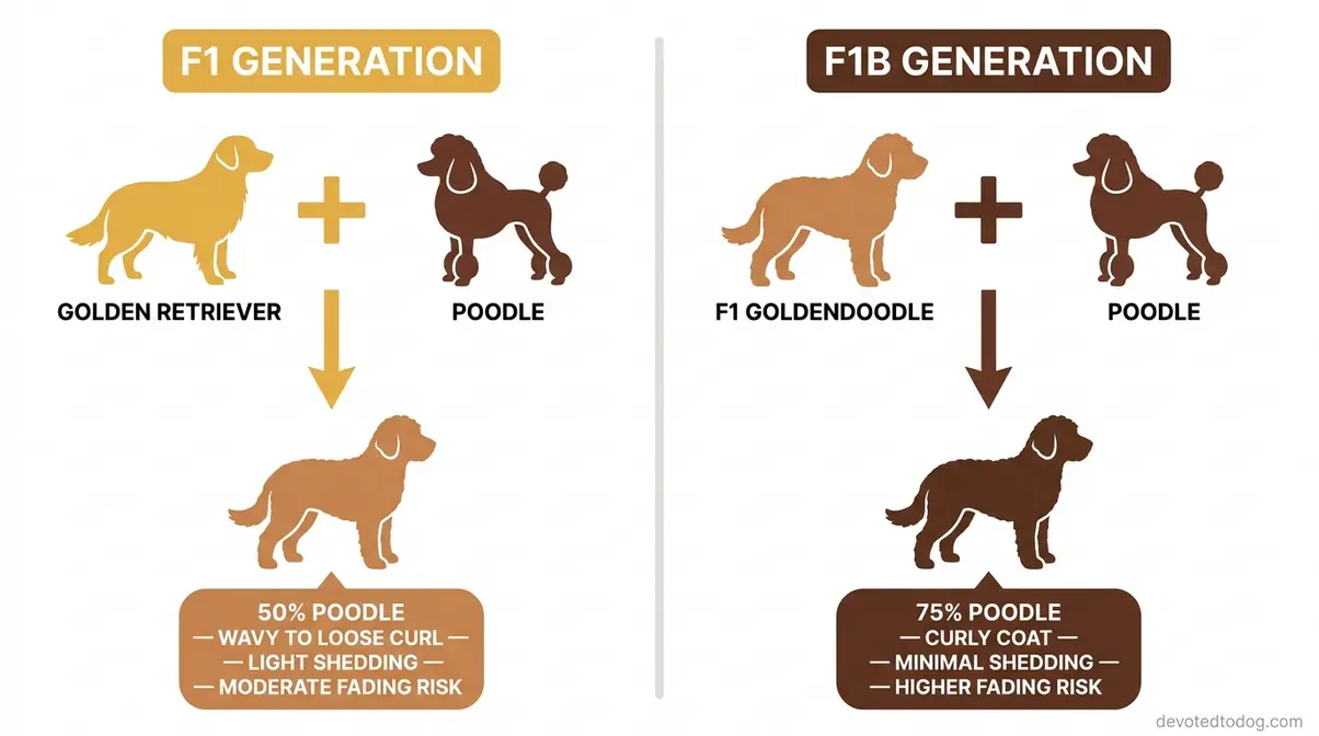 Genetics diagram showing F1 chocolate Goldendoodle at 50 percent Poodle and F1B at 75 percent Poodle with coat type and fading risk for each generation