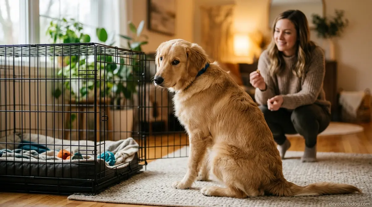 Adolescent golden retriever showing crate reluctance during 6-month regression while owner calmly re-introduces with treat