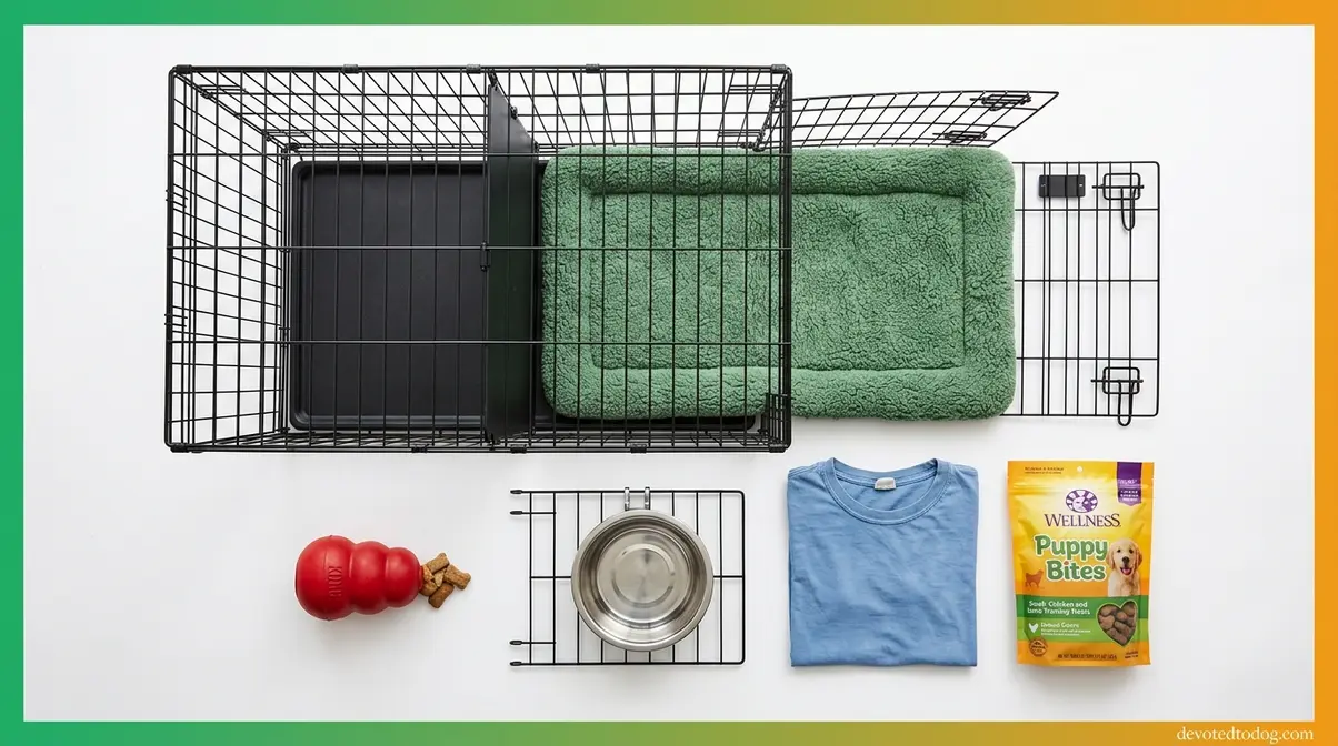 Flat-lay of golden retriever puppy crate training equipment including 48-inch wire crate, mat, Kong, and treats