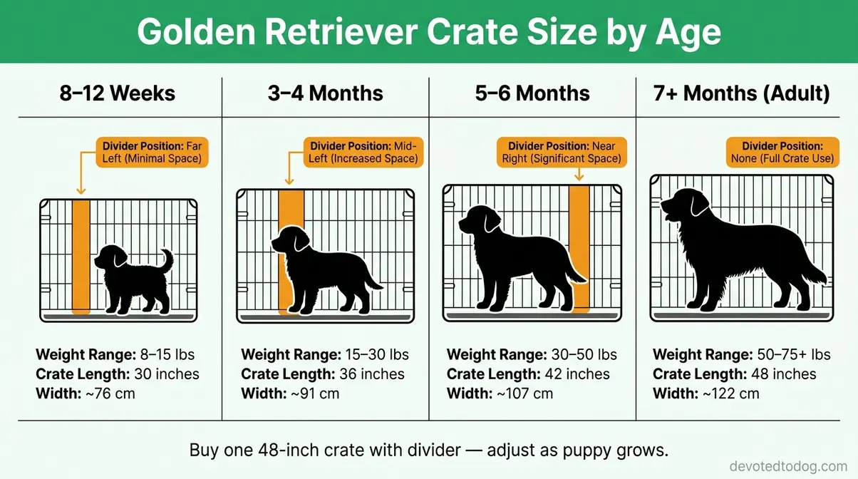 Infographic showing golden retriever crate size recommendations from 8 weeks to adult with inches and cm measurements