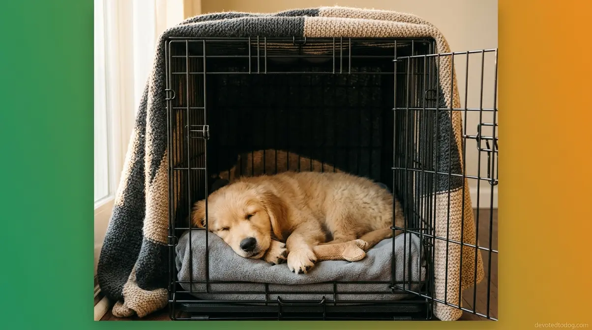 Golden retriever puppy voluntarily resting inside a cozy den-like wire crate with blanket cover