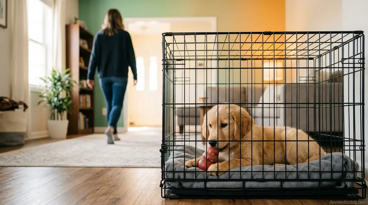 Golden retriever puppy resting calmly in closed crate as owner practices absence ladder by leaving the room
