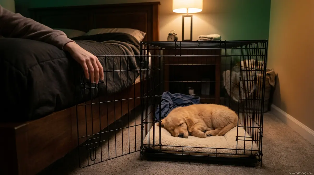 Golden retriever puppy sleeping in wire crate placed beside owner's bed on first night of crate training