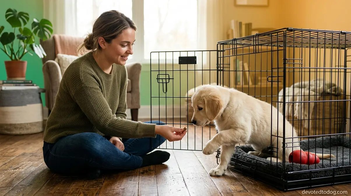 Person sitting calmly on floor offering treat to golden retriever puppy stepping into open crate for first time