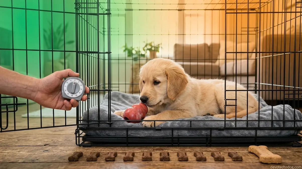 Golden retriever puppy calm inside closed crate during a 2-minute 10:1 rule crate training session with Kong toy
