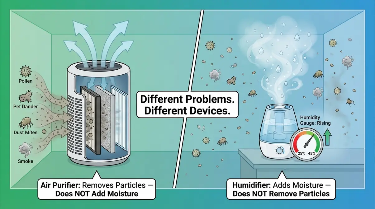 Air purifier removing allergen particles from indoor air compared to humidifier adding moisture showing they perform different functions