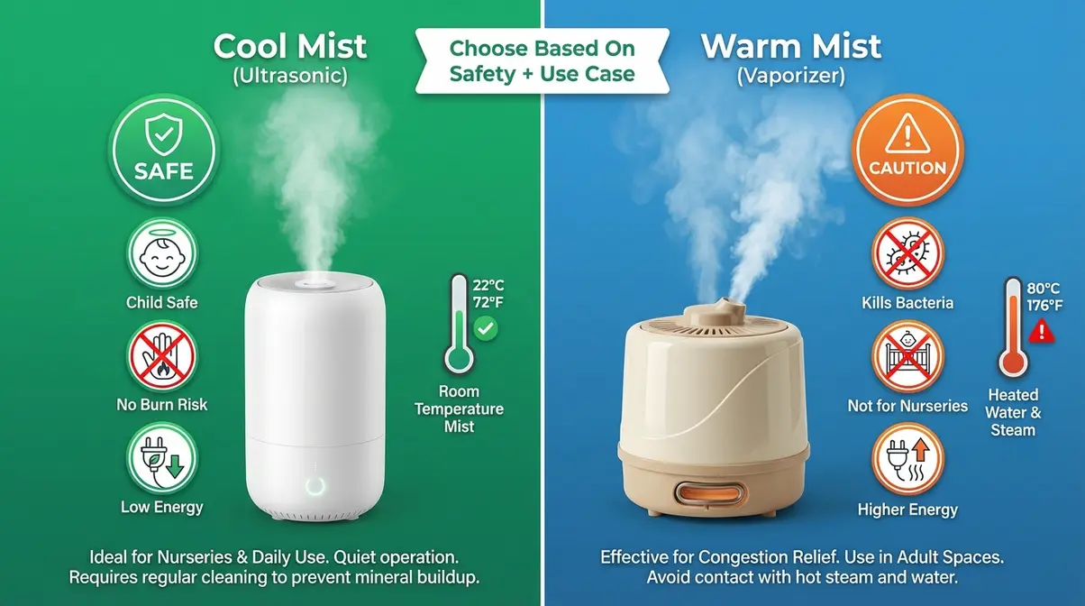 Cool mist versus warm mist humidifier comparison showing safety ratings child safety icons and energy consumption differences