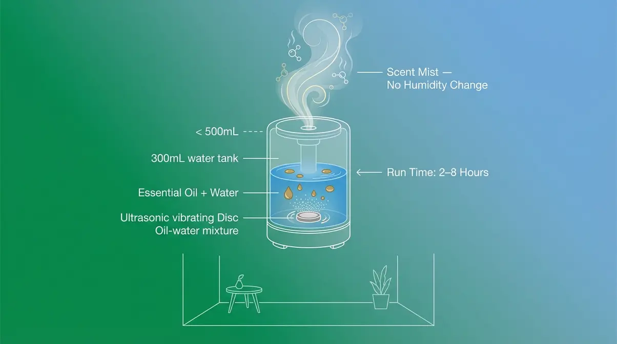 How a diffuser works showing ultrasonic disc dispersing essential oil mist for scent without raising room humidity