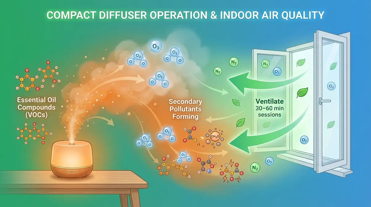 Diffuser releasing VOC compounds into indoor air showing how ventilation reduces essential oil airborne irritants