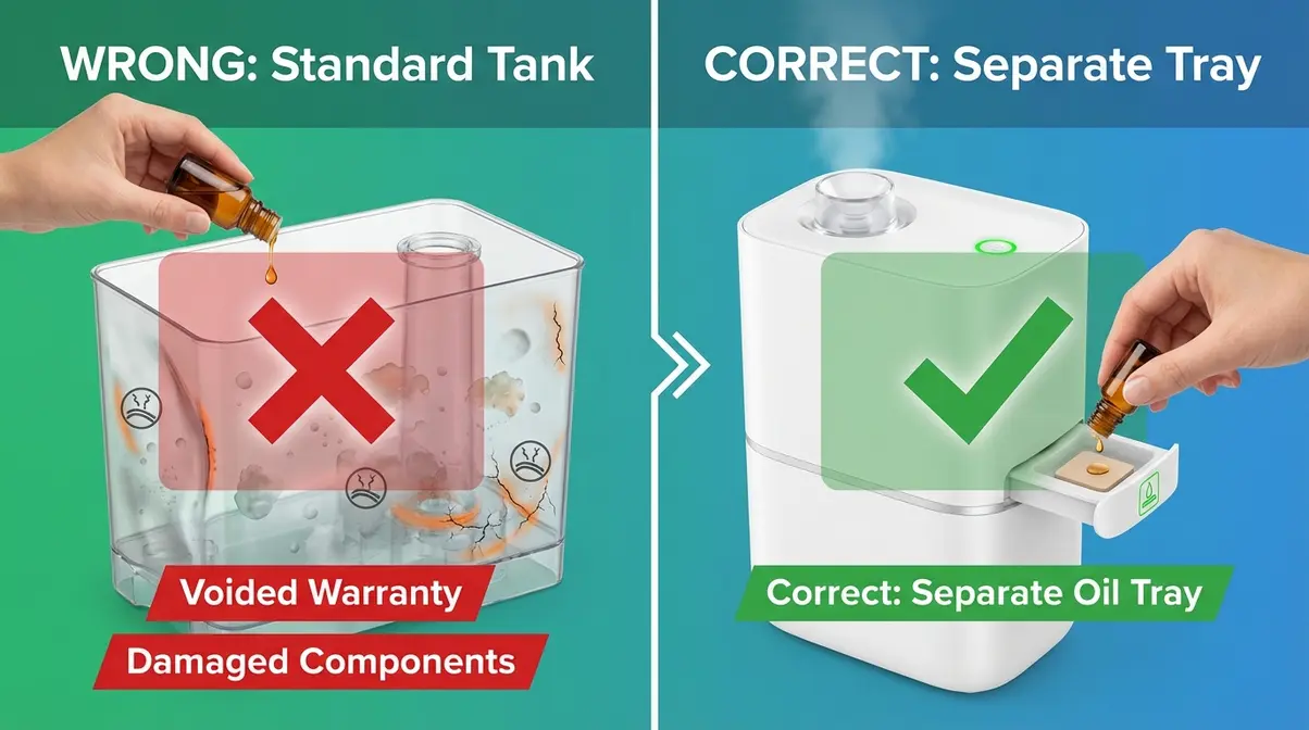 Essential oils in a standard humidifier tank cause plastic degradation compared to correct separate oil tray design