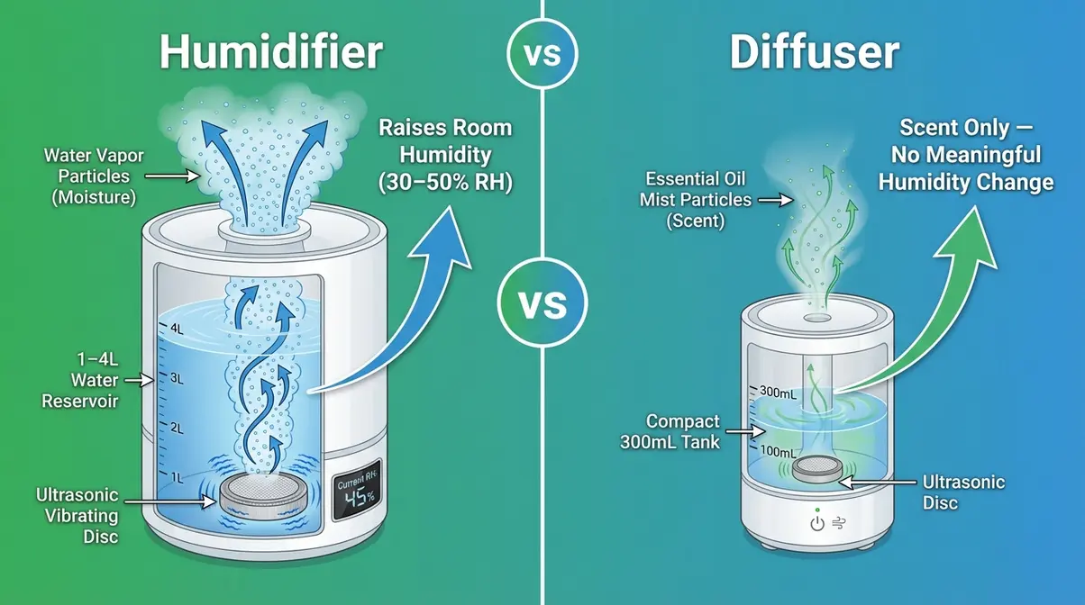 Diagram showing humidifier releasing moisture particles versus diffuser releasing essential oil mist for diffuser vs humidifier comparison