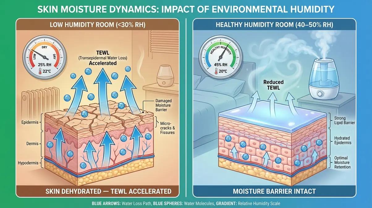 Diagram showing how low indoor humidity causes transepidermal water loss and dry skin versus humidifier maintaining healthy moisture barrier
