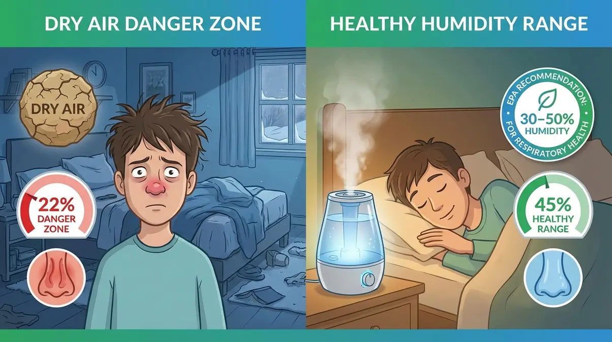 Humidifier relieving sinus congestion by raising room humidity from low dry levels to healthy EPA-recommended range