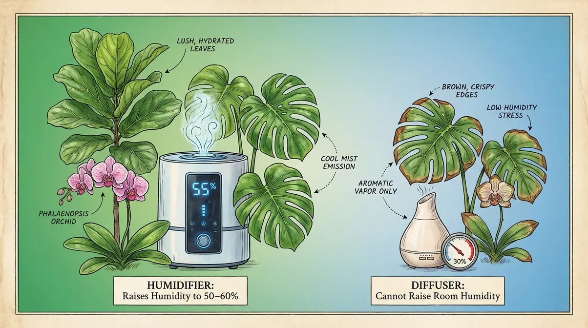 Tropical houseplants thriving next to humidifier at fifty-five percent humidity versus brown leaf edges on diffuser side