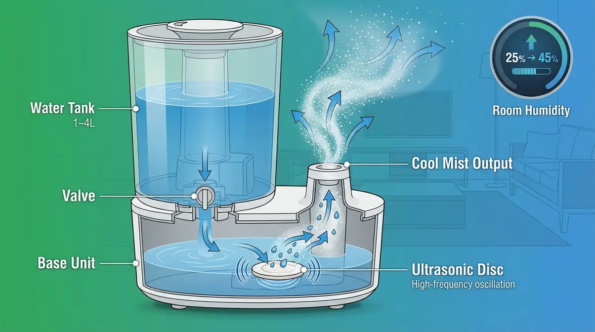 How a humidifier works showing ultrasonic disc converting water to cool mist that raises room humidity