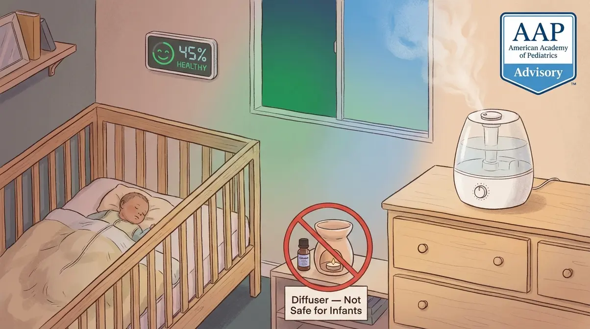 Safe nursery setup with cool-mist humidifier three feet from crib and red prohibition sign over essential oil diffuser