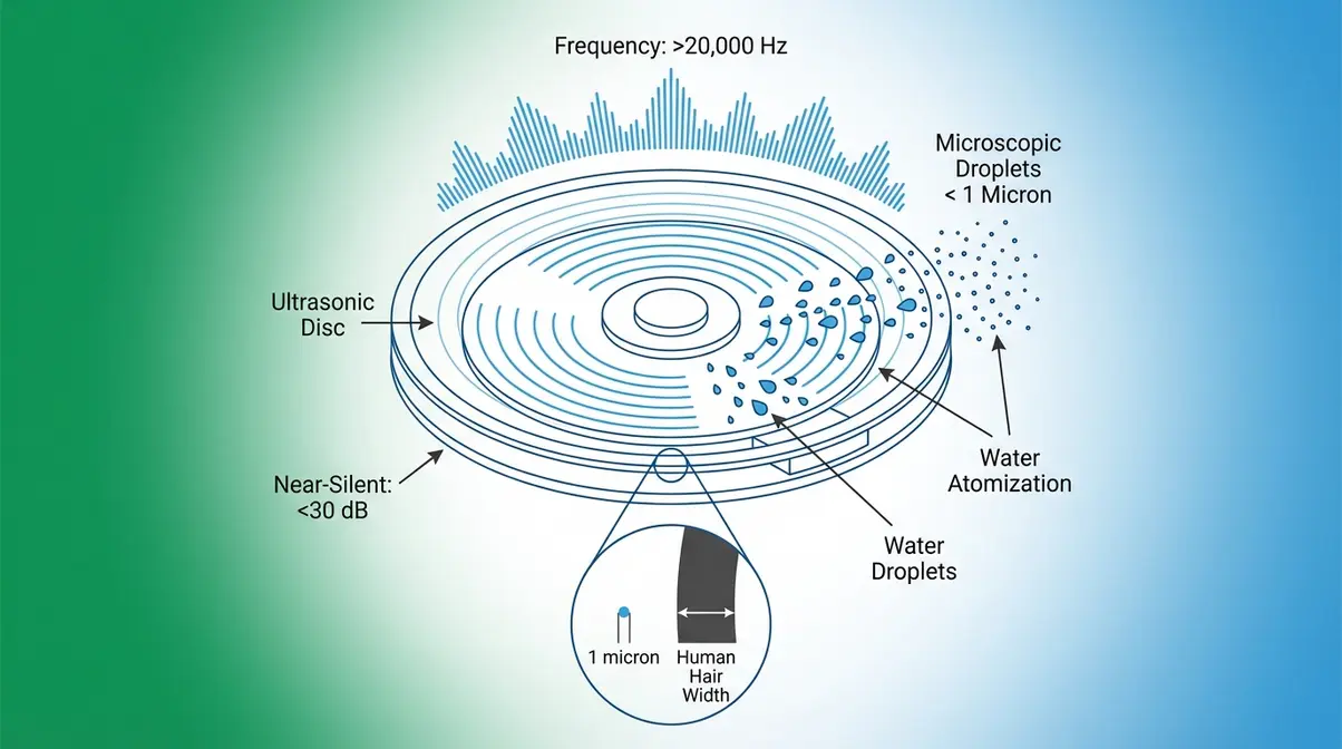 Ultrasonic vibrating disc mechanism operating above twenty thousand hertz to atomize water into microscopic cool mist droplets