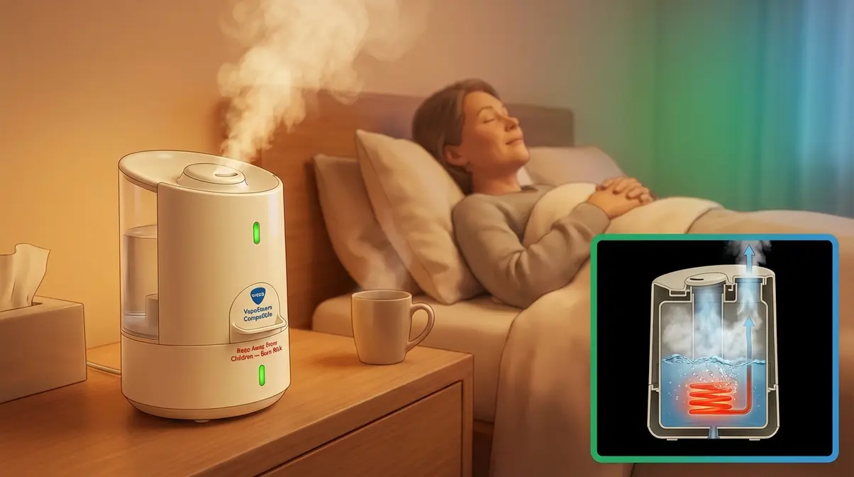 Vaporizer releasing warm steam in adult sick room with internal heating element diagram and medication cup for inhalants