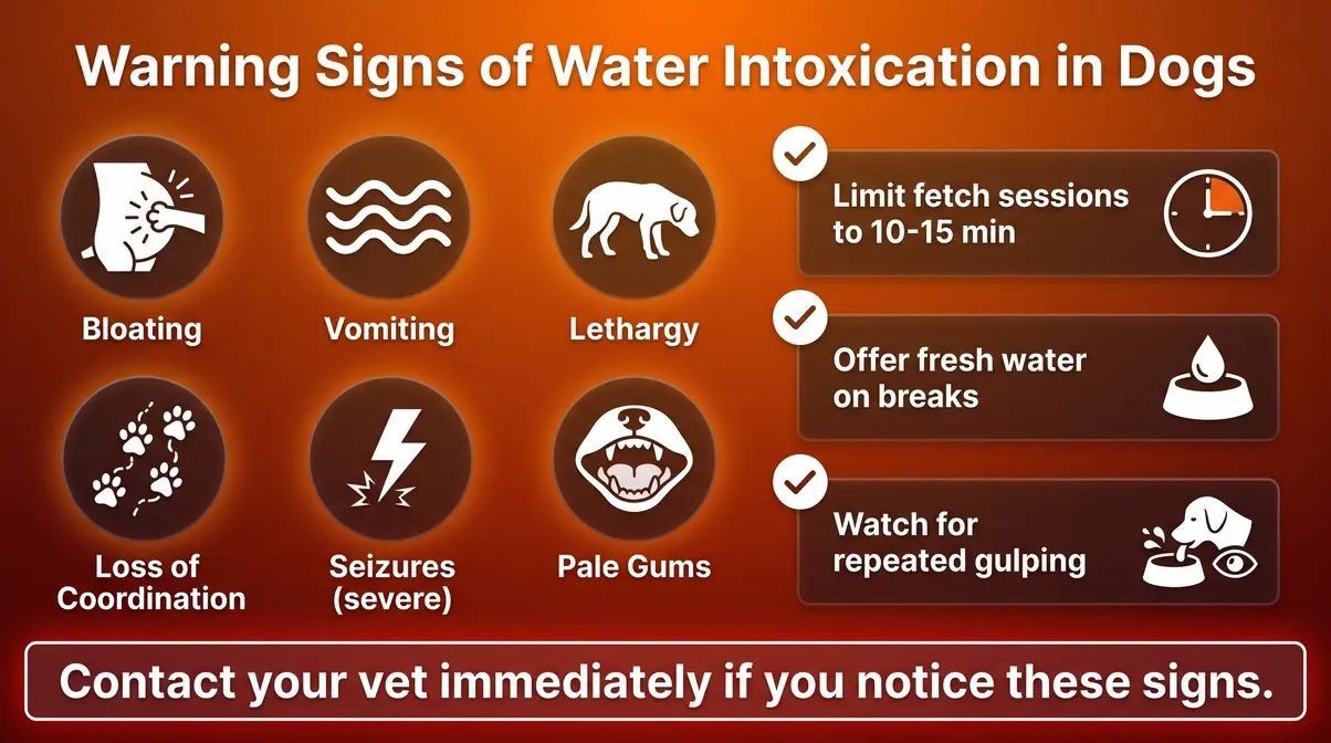 Infographic showing warning signs of water intoxication in dogs including bloating, vomiting, lethargy, and coordination loss with prevention tips