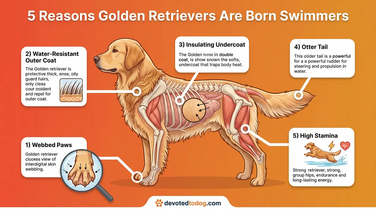 Anatomy diagram of a Golden Retriever showing webbed paws, double coat, and otter tail with labels
