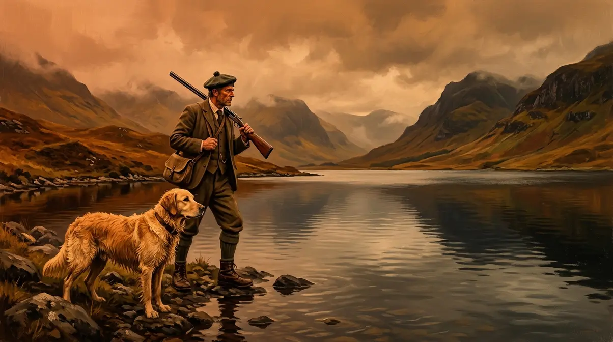 Golden Retriever ancestor retrieving waterfowl from a cold Scottish loch in the 1860s Highlands