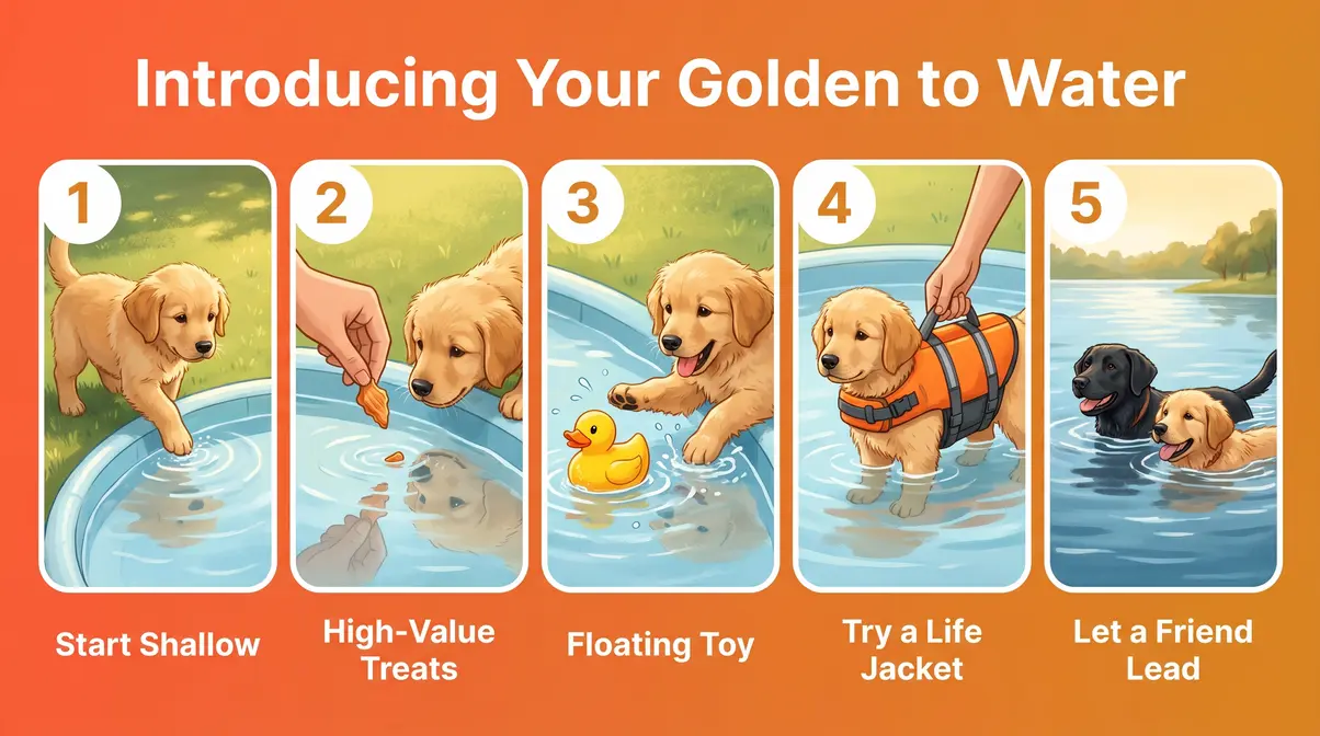 Illustrated five-step guide showing a Golden Retriever puppy being introduced to shallow water with treats and a life jacket