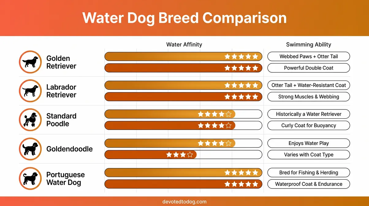 Comparison chart of five water-loving dog breeds including Golden Retriever and Labrador showing water affinity and swimming ability ratings