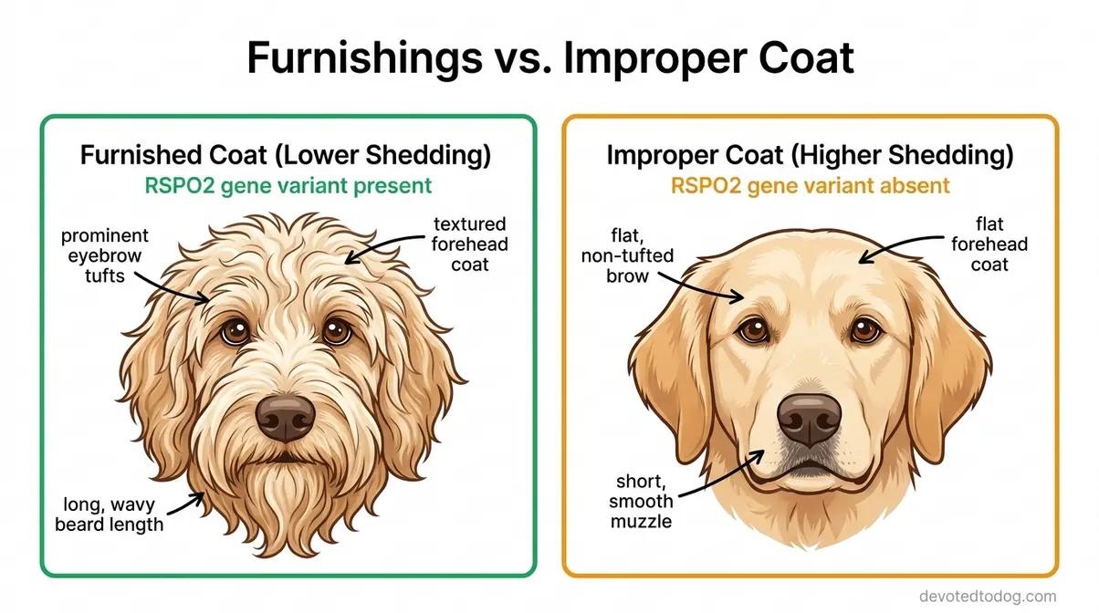 Illustrated diagram comparing goldendoodle furnishings with beard and eyebrows versus improper coat with smooth face