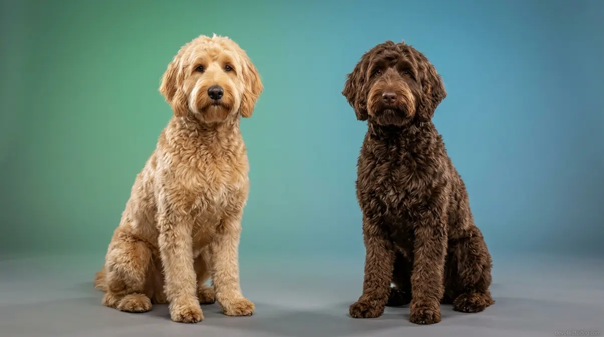 Goldendoodle and Labradoodle sitting side by side showing similar wavy coat texture for shedding comparison