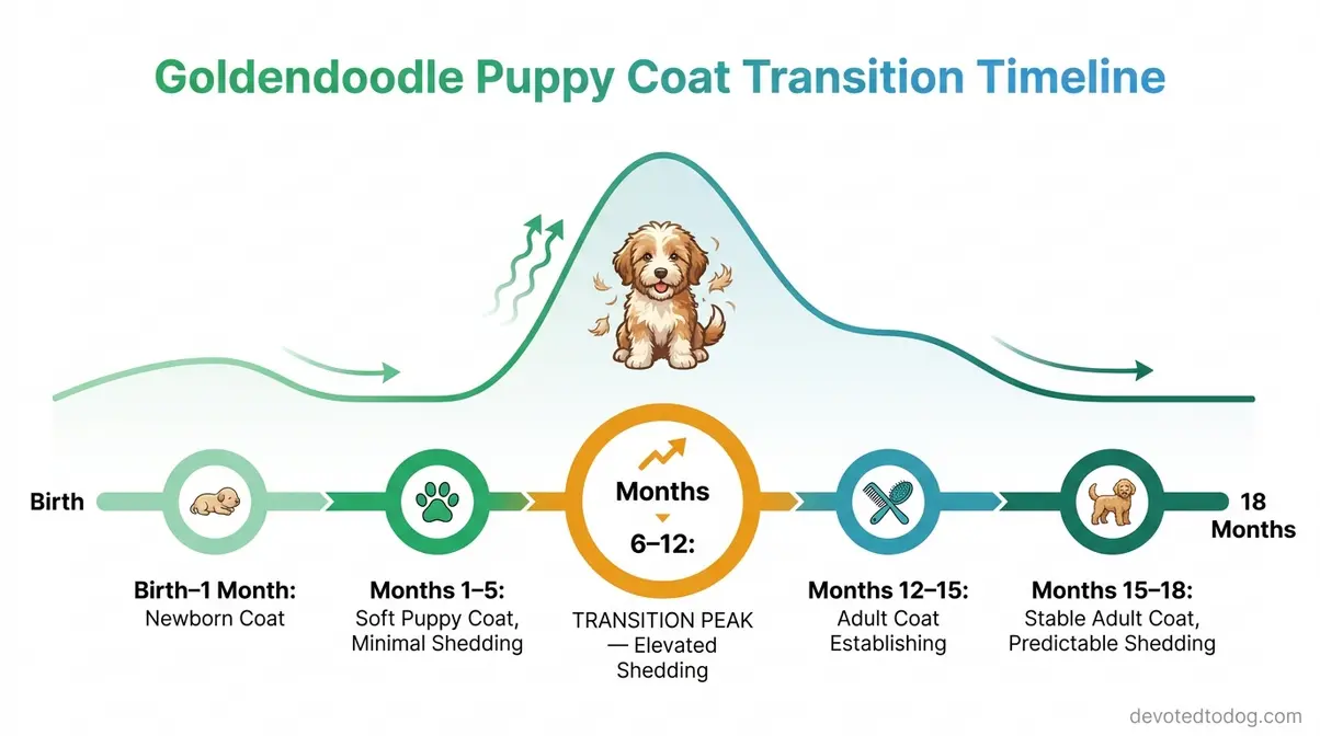 Timeline infographic showing goldendoodle puppy coat transition from birth to 18 months with shedding level wave