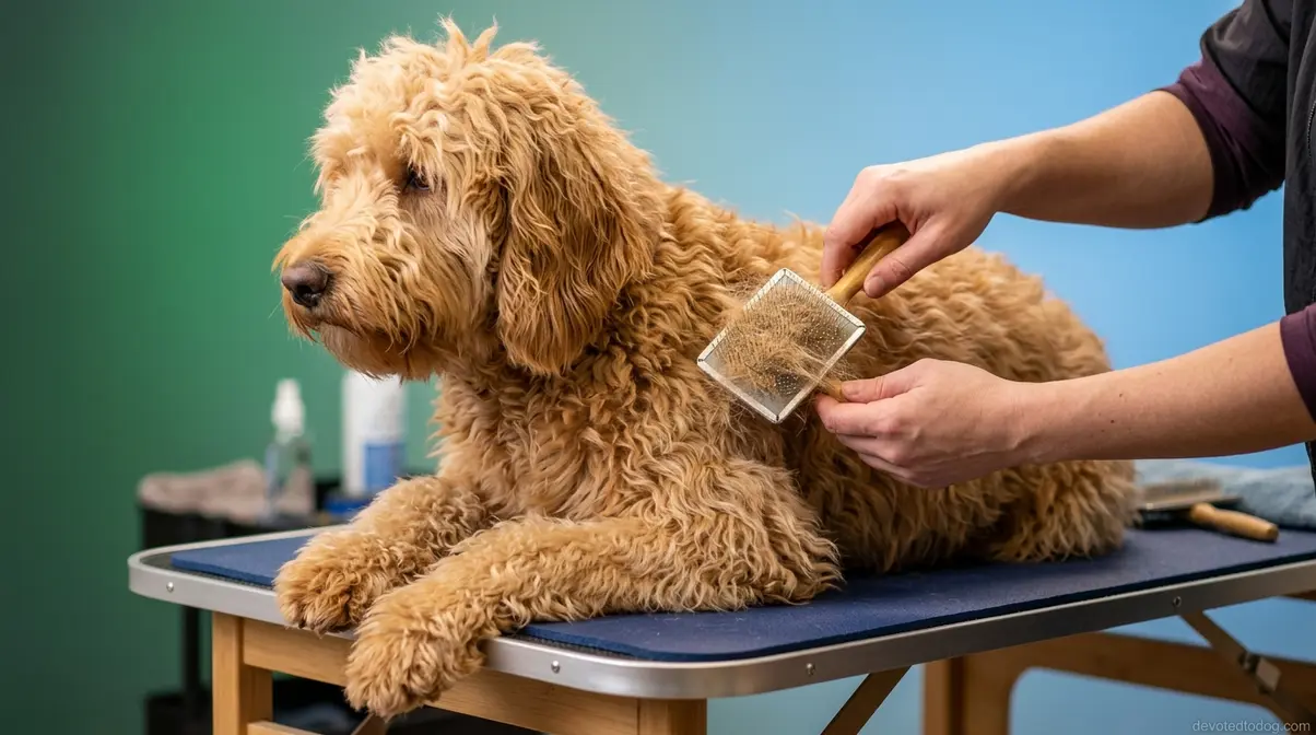 Person brushing a Goldendoodle with a slicker brush showing loose hairs collected during grooming session