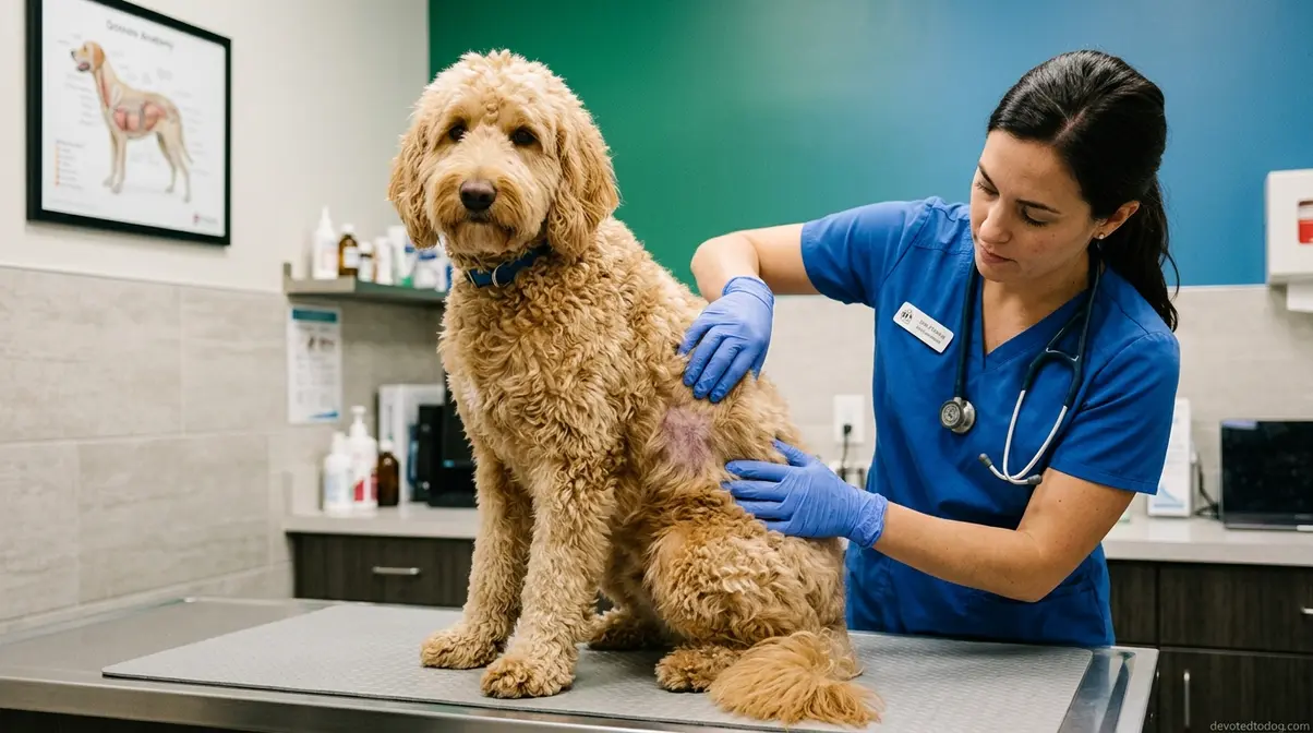 Veterinarian examining Goldendoodle coat for patchy shedding that may indicate a health problem