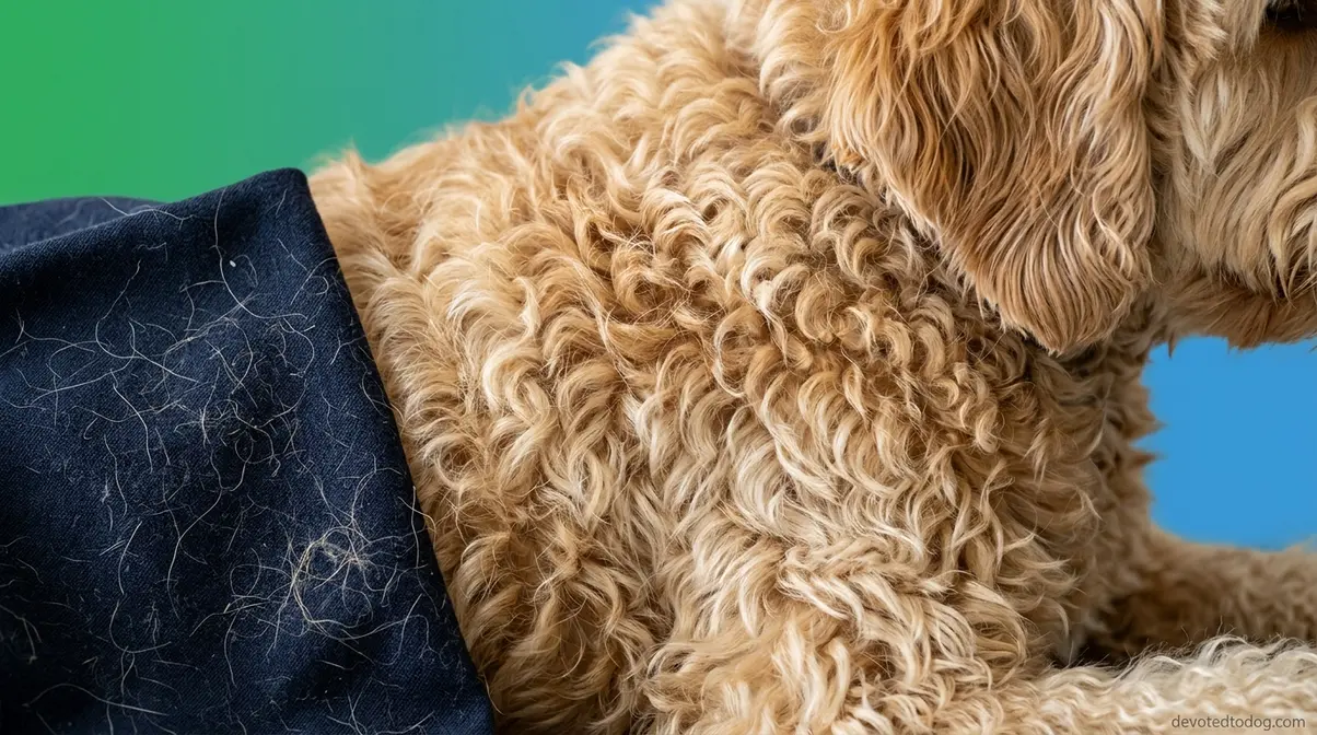 Close-up of Goldendoodle wavy coat showing loose hairs trapped in curls illustrating shedding behavior