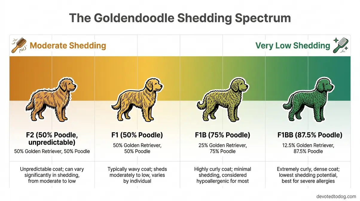 Infographic showing goldendoodle shedding spectrum from moderate F1 to very low F1BB by generation