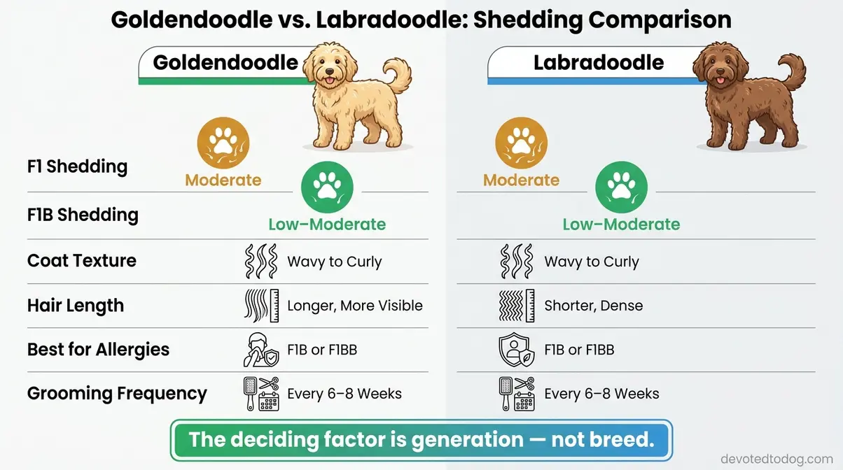 Side-by-side comparison chart of goldendoodle and labradoodle shedding grooming and allergy suitability by generation