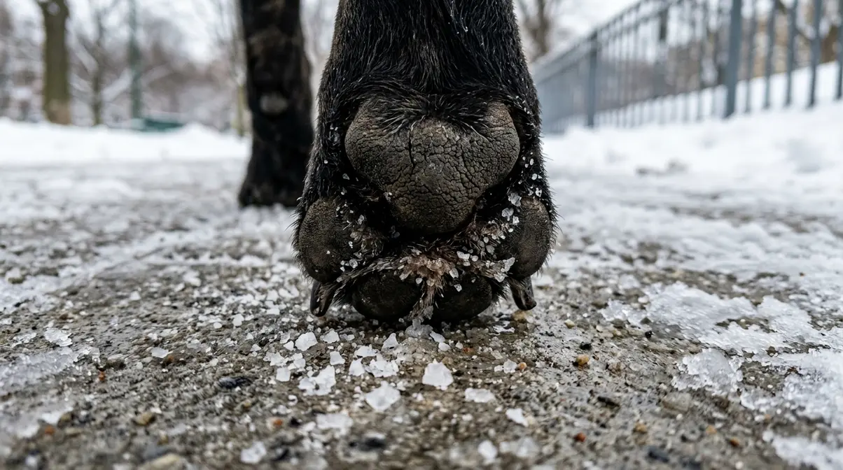 Dog paw standing on cold winter ice and road salt