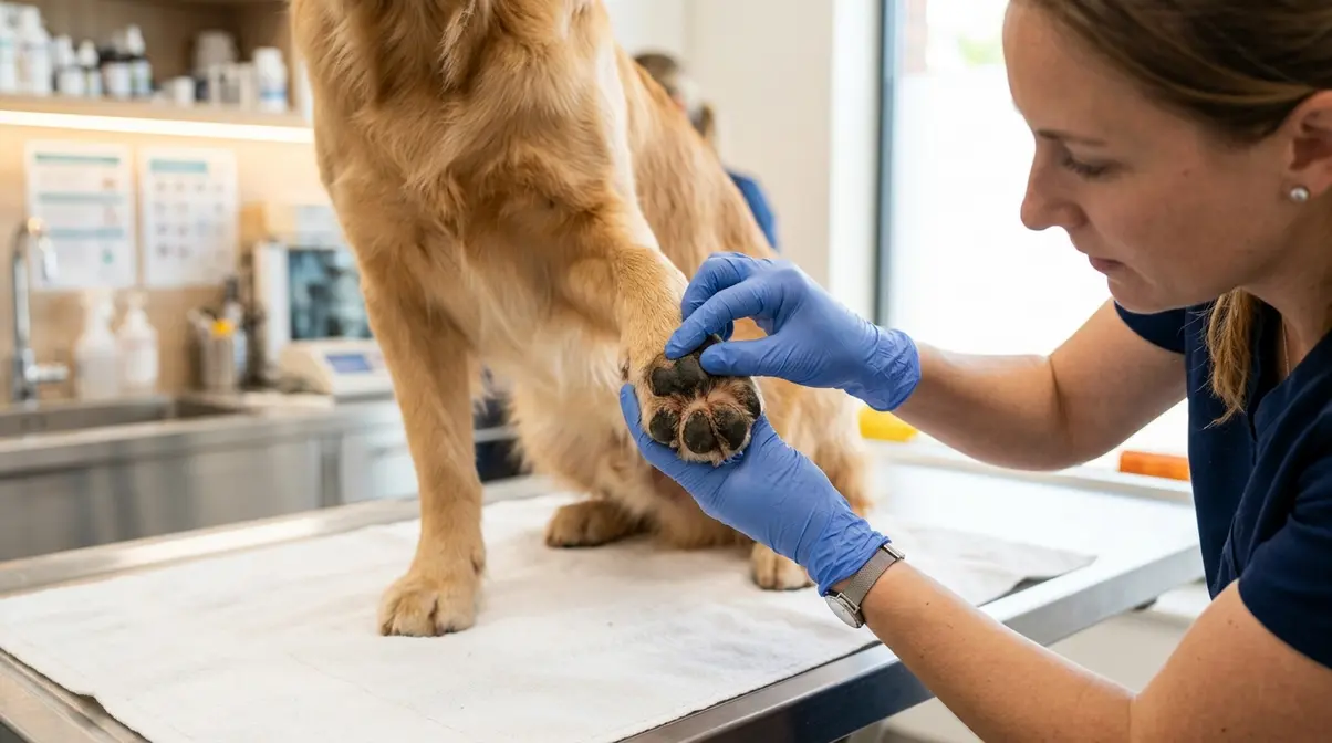 Veterinarian gently examining a dog's paw pad for severe splits