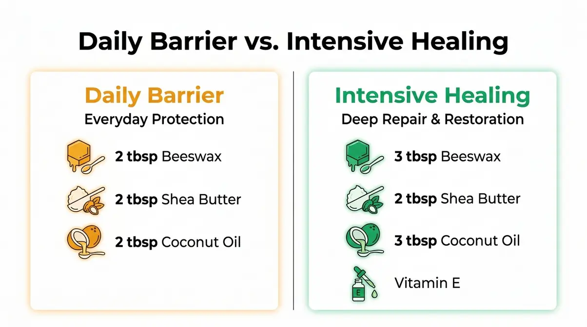 Comparison chart showing two dog paw balm recipe variations for winter cracked pads