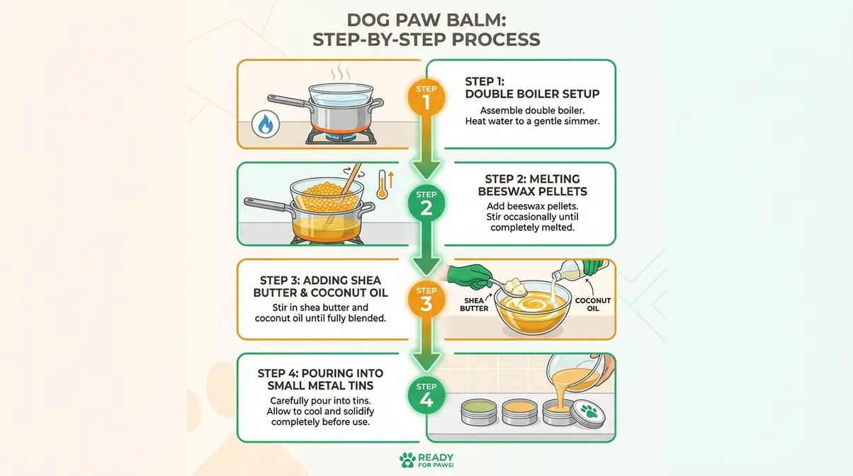 Step-by-step dog paw balm recipe showing ingredients beeswax shea butter and coconut oil