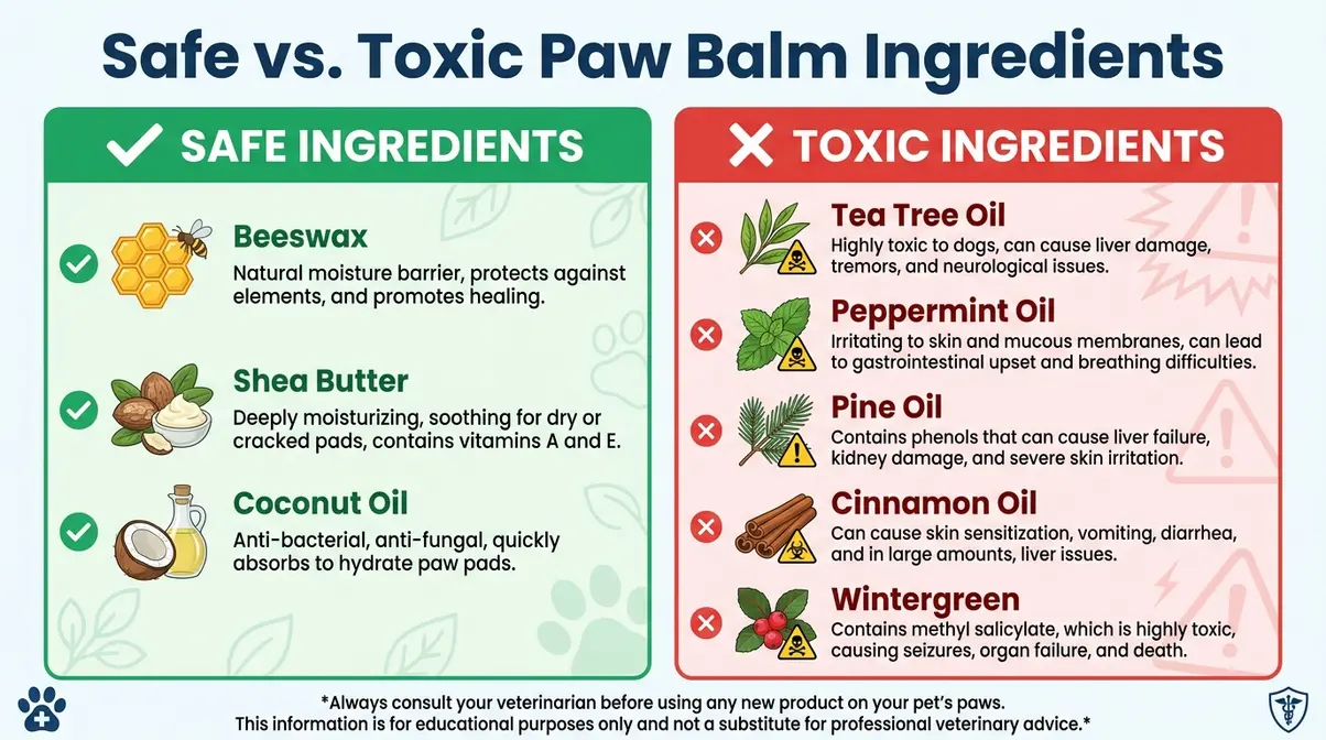 Infographic showing safe ingredients beeswax shea butter coconut oil versus toxic essential oils for dog paw balm recipe