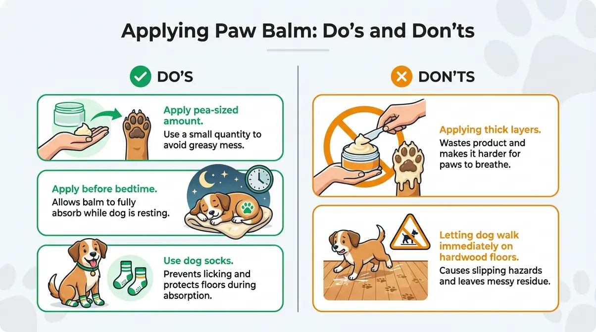 Do's and Don'ts graphic for applying homemade dog paw balm without greasy floors