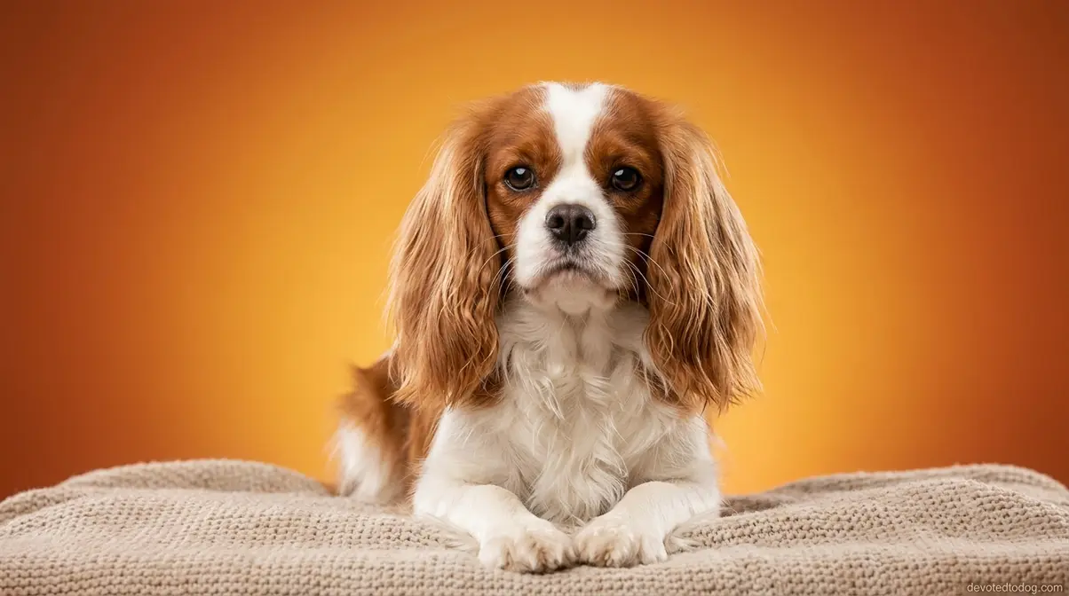 Blenheim Cavalier King Charles Spaniel with silky coat showing its warm Golden Retriever-like expression