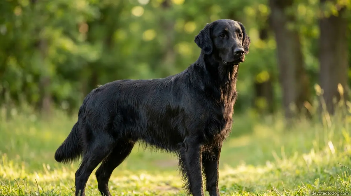 Black Flat-Coated Retriever standing in a park showing its Golden Retriever-like build and glossy coat