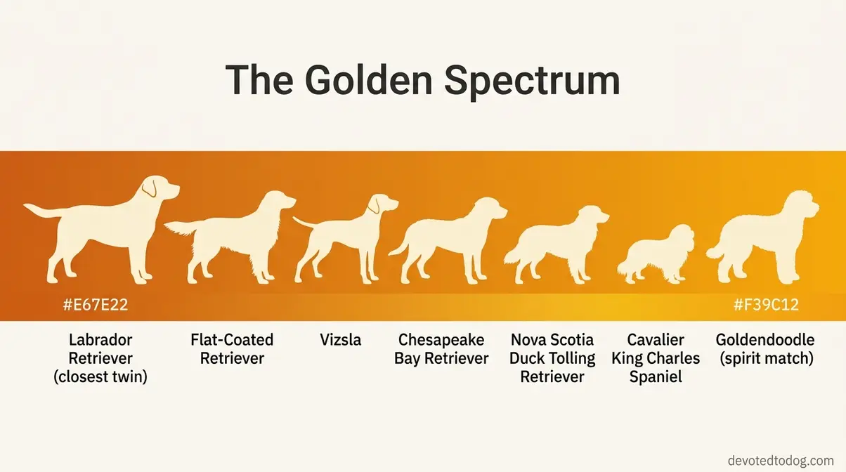 Seven dogs similar to golden retrievers arranged on a warm spectrum from closest twin to spirit match