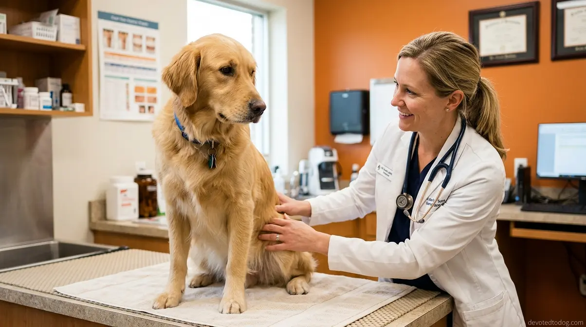 Golden Retriever during veterinary health examination illustrating cancer screening importance for the breed