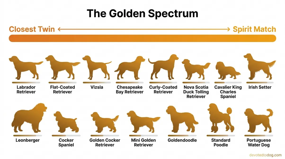 The Golden Spectrum infographic showing 15 dogs similar to golden retrievers from closest twin to spirit match